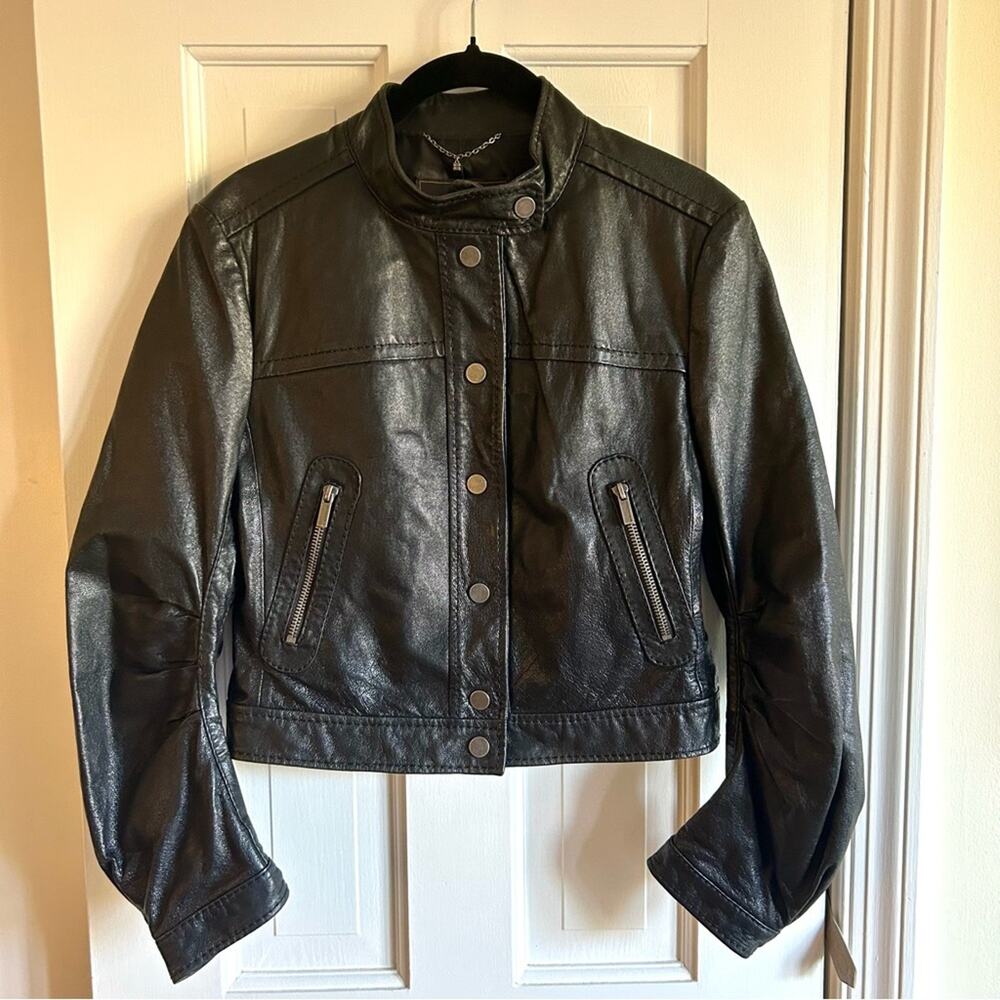 BCBG MaxAzria Single Breasted Snap Closure Black Cropped Leather Jacket Size Sma